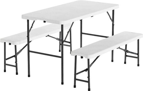 LifeGoods Zusammenklappbares Picknick-Set - 124cm x 61.5cm - Gartentisch mit 2 Bänken - Wetterfest - Campingtisch - Biertisch zusammenklappbar - Für Innen und Außen - Für 4 bis 6 Personen - Weiß