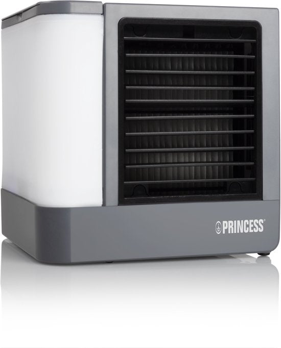 Princess 355500 Premium Mini-Luftkühler 14,2 x 14,2 x 14,8 cm – Tragbare Klimaanlage für Schreibtisch und Schlafzimmer – Luftkühler mit USB-C-Anschluss, LED-Beleuchtung in 7 Farben, herausnehmbarer Wasserverdunstungsfilter, persönlicher Kühler, kompakt fü