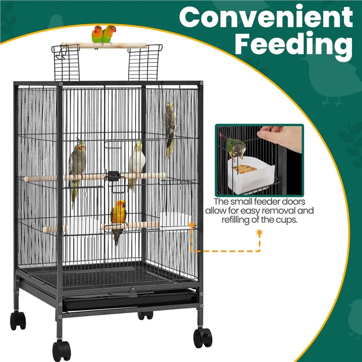 Yaheetech Vogelkäfig mit offenem Dach - 45,5 x 45,5 x 79 cm - Mit abnehmbaren Rädern und ausziehbarer unterer Schublade und gehämmerter Pulverbeschichtung - Für Wellensittiche und Kanarienvögel - Schwarzes Metall und Holz