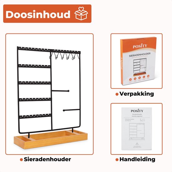Posity Schmuckständer - Schmuckhalter - Ohrringständer - Schmuckhalter - Für Halsketten/Armbänder/Ringe/Schmuck - Holz & Metall - Schwarz