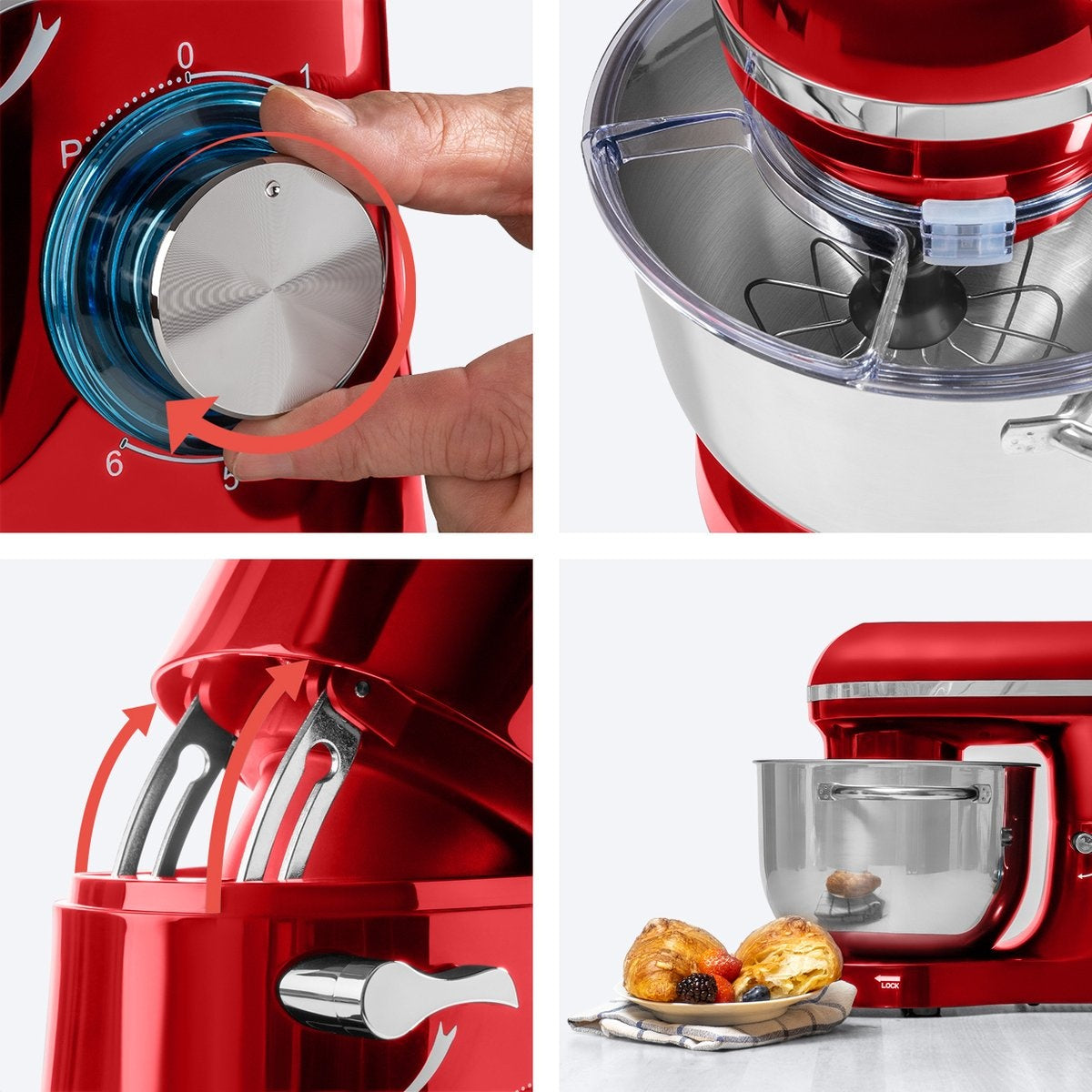 KitchenBrothers Küchenmaschine - Küchenmixer mit 6L-Edelstahl-Mixschüssel - Küchenroboter - 1400W - Rot