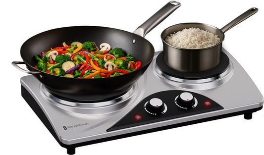 KitchenBrothers Elektrokochfeld - 2 Brenner - Freistehend - 7 Temperaturstufen - 1500W + 1000W - Edelstahl/Schwarz