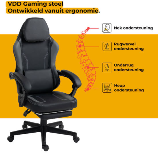 VDD Gaming-Gaming-Stuhl mit Massagefunktion – Schwarz/Grau – 70 x 70 x 125 cm – Verstellbar, Fußstütze, 150 kg