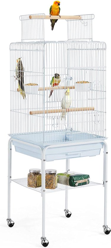 Yaheetech Vogelkäfig für Wellensittiche, Kanarienvögel und Papageien – mit Ständer, Spielzeug und Stauraum – Weiß – 46,5 x 46,5 x 136 cm
