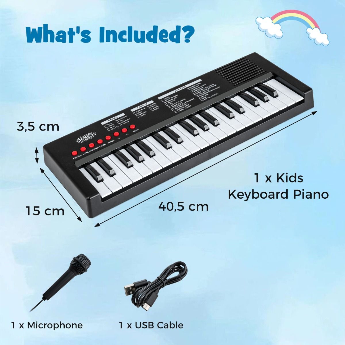 Coast Kinderkeyboard – 37 Tasten – 8 Rhythmen – mit Mikrofon – schwarz