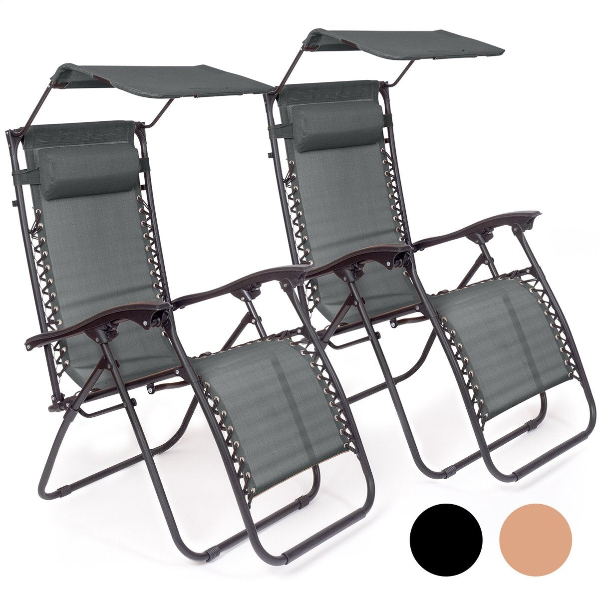 LifeGoods Faltbare Gartenstühle - mit Sonnendach - Verstellbarer Sonnenschirm - 2 Stück - 30Â°-90Â° verstellbar - Metall - Dunkelgrau