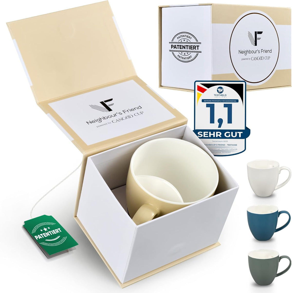 Neighbour's Friend Patentierte Teetasse beige Geschenk Box I Keramik Tasse groß 325ml I Teebecher Steingut I Keramiktasse für Tee I Spülmaschinengeeignet Teetassen I Modernes Design für Teetrinker