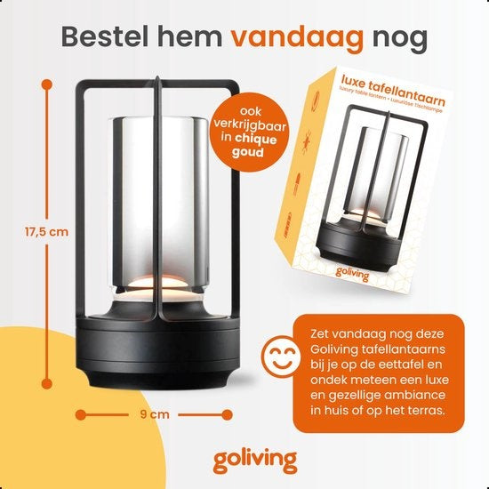 Goliving Tischlampe Wiederaufladbar - Laterne - Kabellos und dimmbar - Moderne Berührungslampe - Nachtlampe für das Schlafzimmer - 17,5 cm - Schwarz