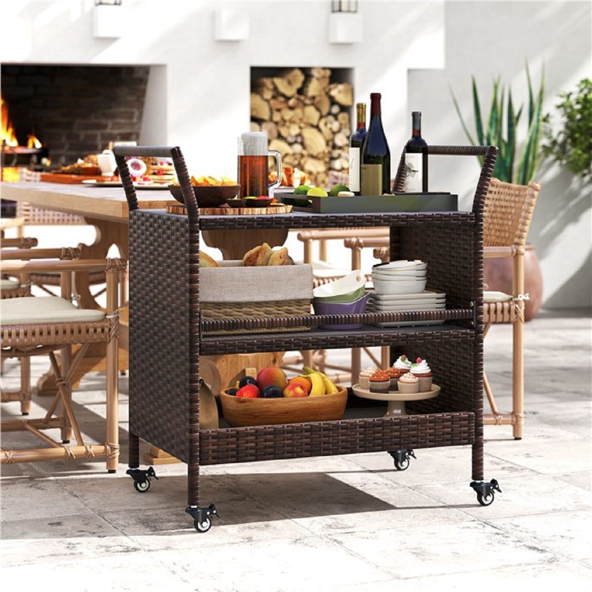 Coast Gartenbarwagen – 3 Ablagen – Rattan mit feststellbaren Rädern – Braun – 86 x 50 x 89 cm