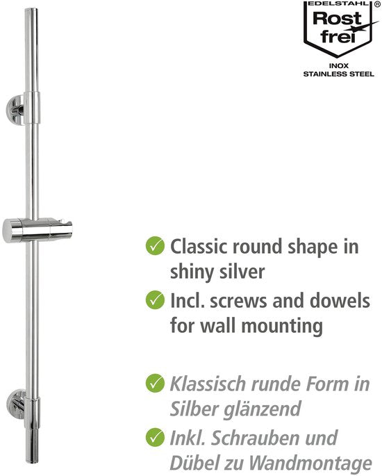 WENKO Duschstange Basic aus Edelstahl, verchromt, Länge 66 cm, Durchmesser 19 mm, mit Duschkopfhalter und 2 Wandhaltern – Duschstange, verchromt