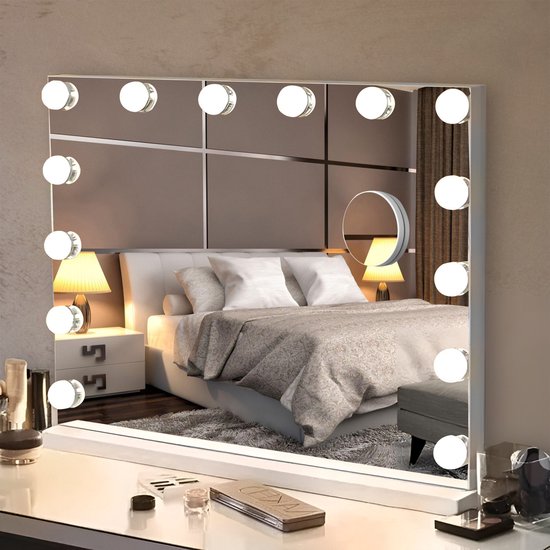 Bayt Hollywood Spiegel mit Beleuchtung - Make-up Spiegel mit Beleuchtung - Spiegel mit Beleuchtung - dimmbar - 10x Vergrößerung - 50x40cm - Weiß