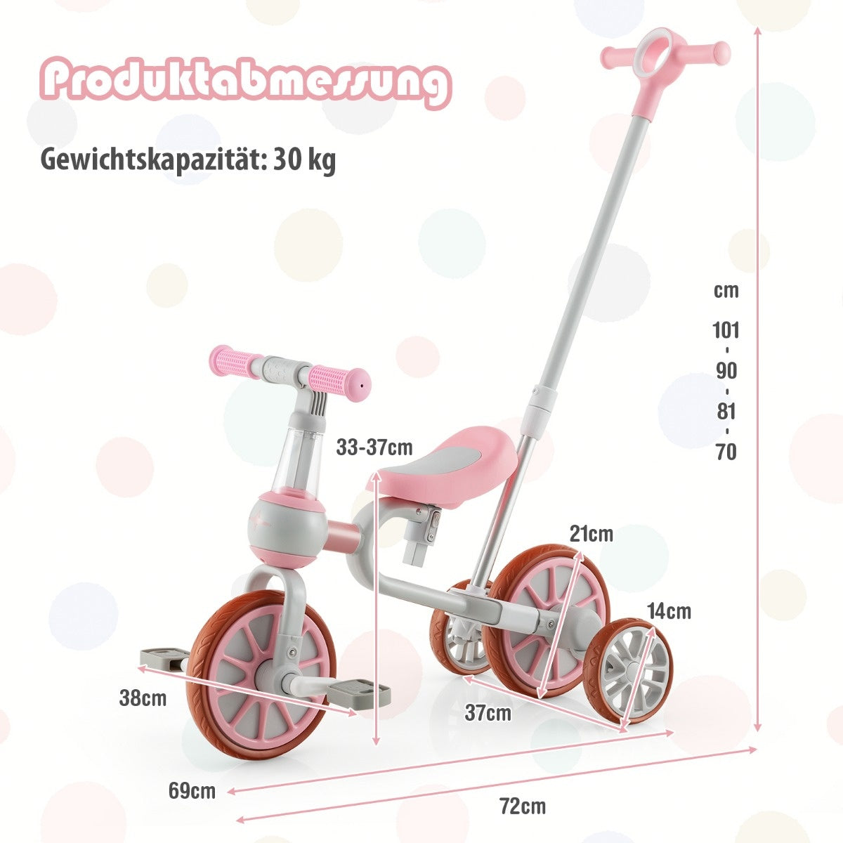Coast Kids Rad 4-in-1 Vorschalenrad mit Elterngriff 37 x 72 x 101 cm rosa