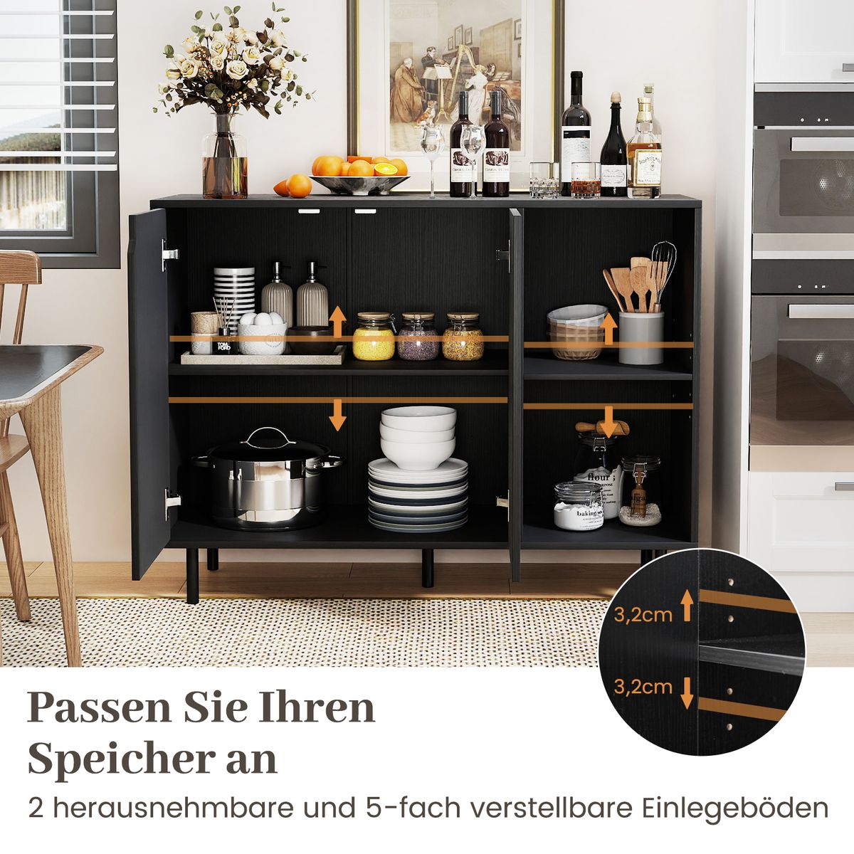 Coast Kommode mit 4 Fächern und 2 Türen – verstellbare Einlegeböden – schwarz – 106 x 38 x 80 cm