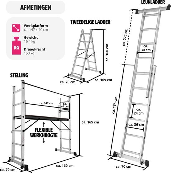 tectake 401668 Multifunktionsleiter - Gerüstgestell - Arbeitshöhe 1m