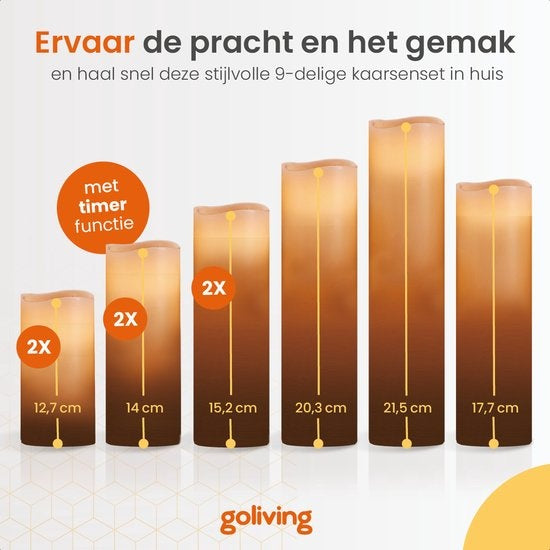 Goliving Led-Kerzen mit Fernbedienung - Bewegliche Flamme - echtes Wachs - 2x Fernbedienung - 9er Set