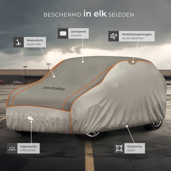tectake® Car Cover - Outdoor Autosegel - Hagelschutz - Wasserdichte Decke mit 3 verstellbaren Gurten - Atmungsaktiv - Autoschutzdecke mit Aufbewahrungstasche - Kompatibel mit vielen Modellen - Größe (LxBxH) 520 x 185 x 145 cm - Für SUV oder Van