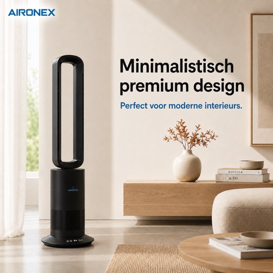 Aironex Kabelloser Ventilator Schwarz – Energieeffizienter Luftkühler – Luftkühler mit Schwenkfunktion – Heizen und Kühlen in einem – Ventilatoren – Tischventilator – Standventilator