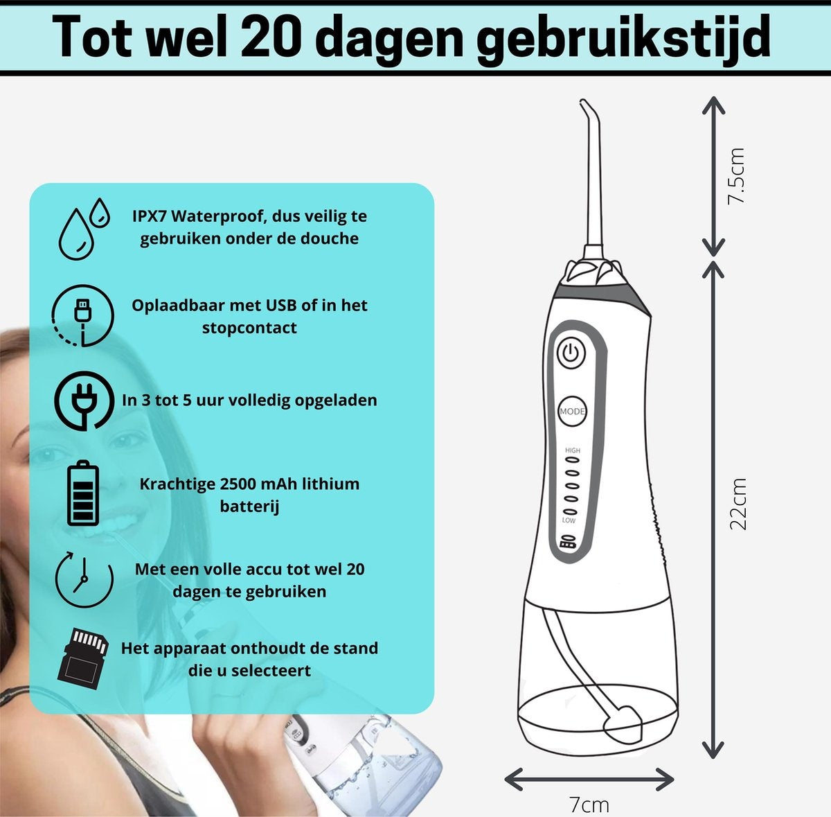 BOME Water Flosser mit 7 Aufsätzen - Mundspülung - Zahnstein vorbeugen - kabellos - 5 Stufen - Weiß