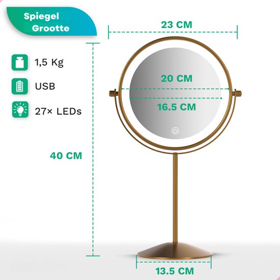 Mirlux Make-up-Spiegel mit LED-Beleuchtung - 10x Vergrößerung Licht - Rasierspiegel klein auf Fuß - 3 Lichtstufen - wiederaufladbar - Vergrößerungsspiegel Gold