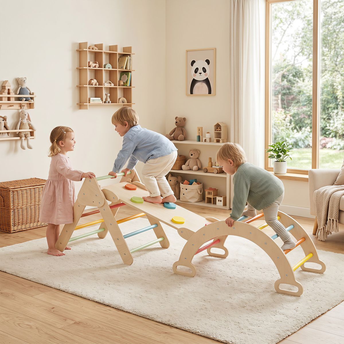 Coast Montessori Klettergerüst aus Holz – 3-in-1-Spielset mit Kletterdreieck, Kletterbogen und Rutsche – farbenfroh