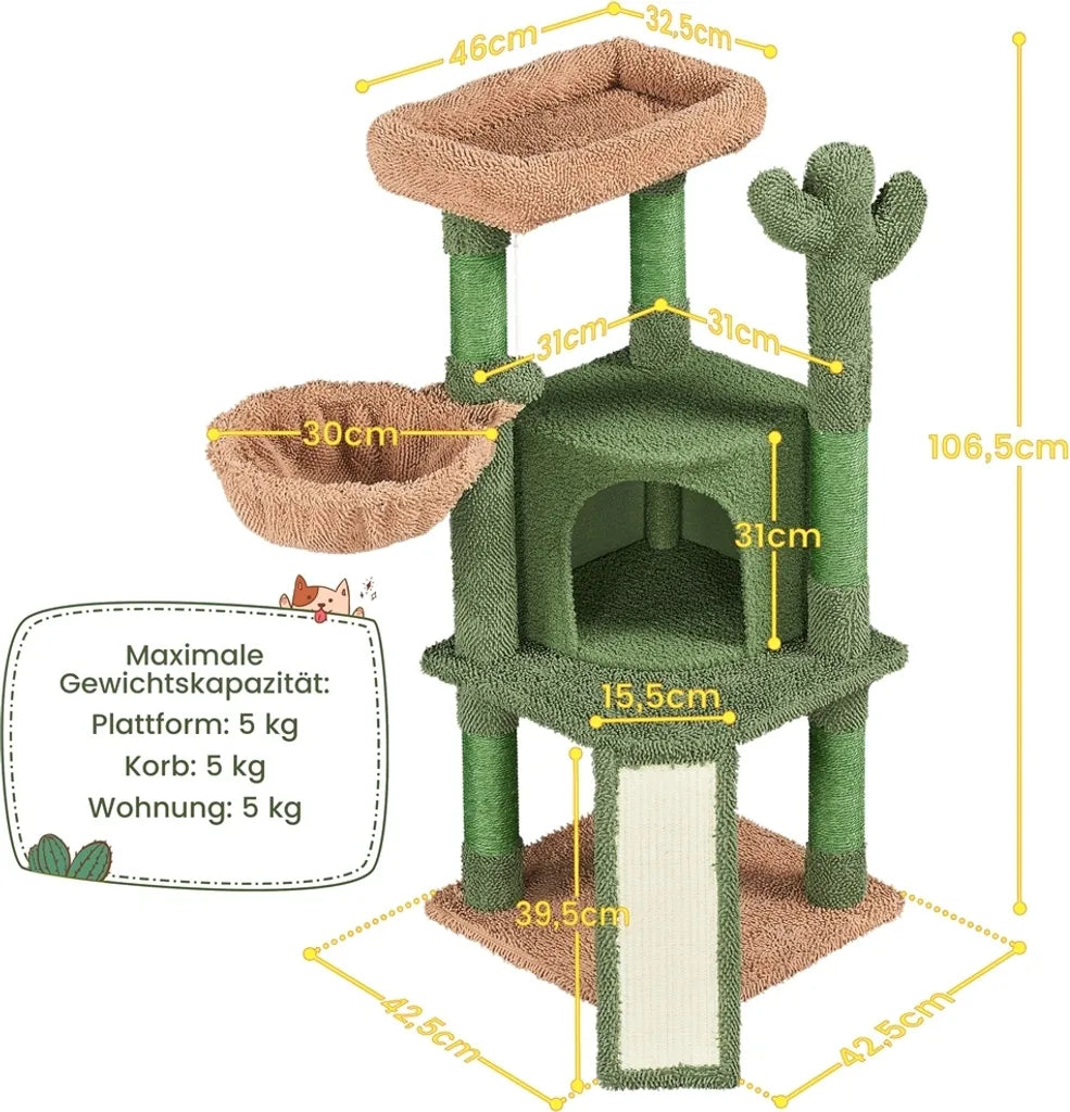 Yaheetech Kaktus Kratzbaum XS 42,5 x 42,5 x 106,5 cm – Grün/Braun – Kratzbaum mit Katzenhaus, Hängekorb und Sisalstangen
