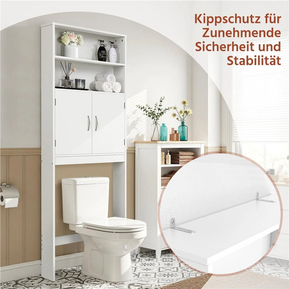 Yaheetech Platzsparender Toilettenschrank / Aufsatzschrank 72 x 20 x 195 cm – Weiß – MDF und Metall