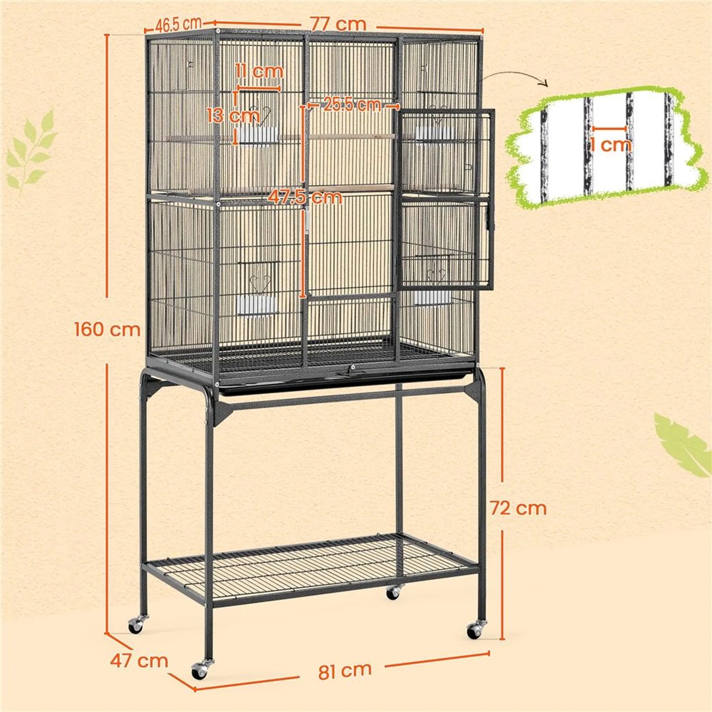 Yaheetech Vogelkäfig mit mobilem Sockel - ausgestattet mit herausnehmbarem Käfig und sechs Zugangstüren und Ablagefläche - für Sittiche und Falken - gehämmertes schwarzes Metall - 81 x 47 x 160 cm