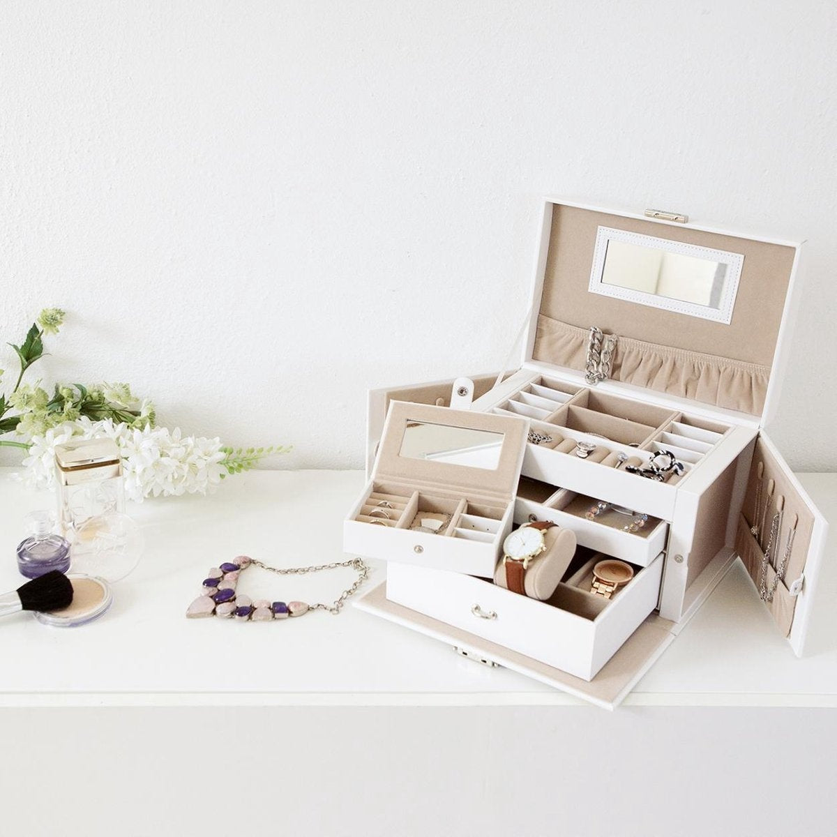 LifeGoods Schmuckkästchen XL - Schmuckkästchen - 20 Fächer - Weiß/Beige