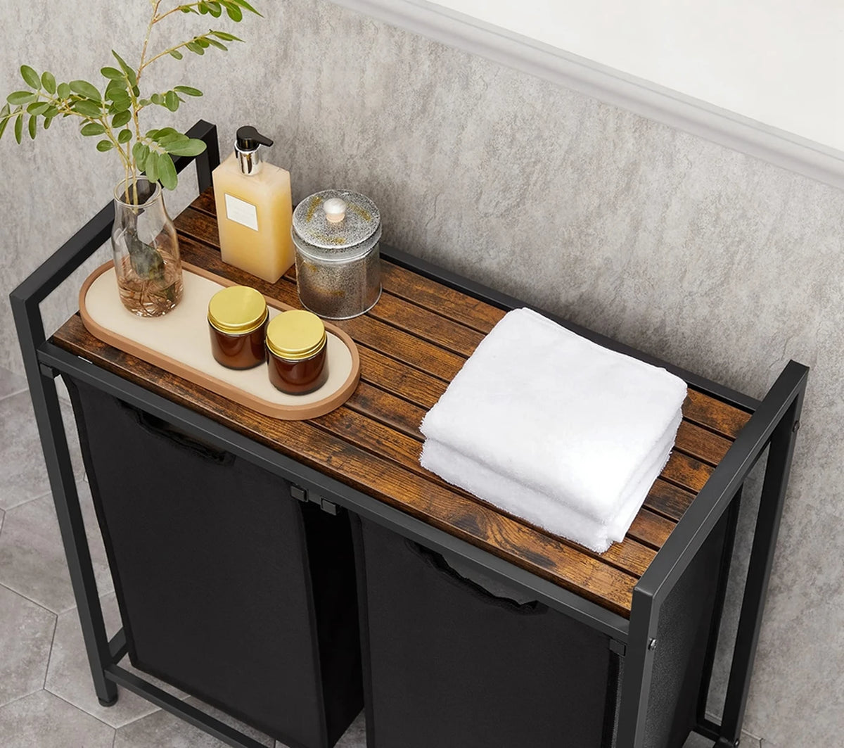JOYFURNOS Wäschekorb mit 2 Fächern – 2 x 46 Liter – 73 x 33 x 72 cm – Vintage-Braun-Schwarz