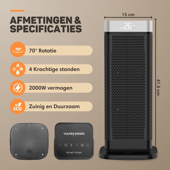 Vulpes Goods® Tech - Elektroherd - Heizlüfter - Keramischer Herd - 4 Stufen - 2000W - Timer, Fernbedienung & Thermostat - Heizung - Elektroheizung für Innenräume - Schwarz