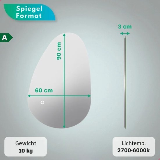 Mirlux Badezimmerspiegel mit LED-Beleuchtung - Asymmetrischer Wandspiegel - Organische Form - Anti-Kondensations-Duschspiegel - Wandspiegel 90x60CM