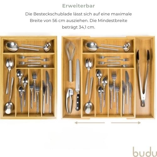 Budu - Erweiterbare Bamboo Besteckkassette - Besteckschublade - 50 x 34.1 x 56 cm - 6/8 Fächer - Holz