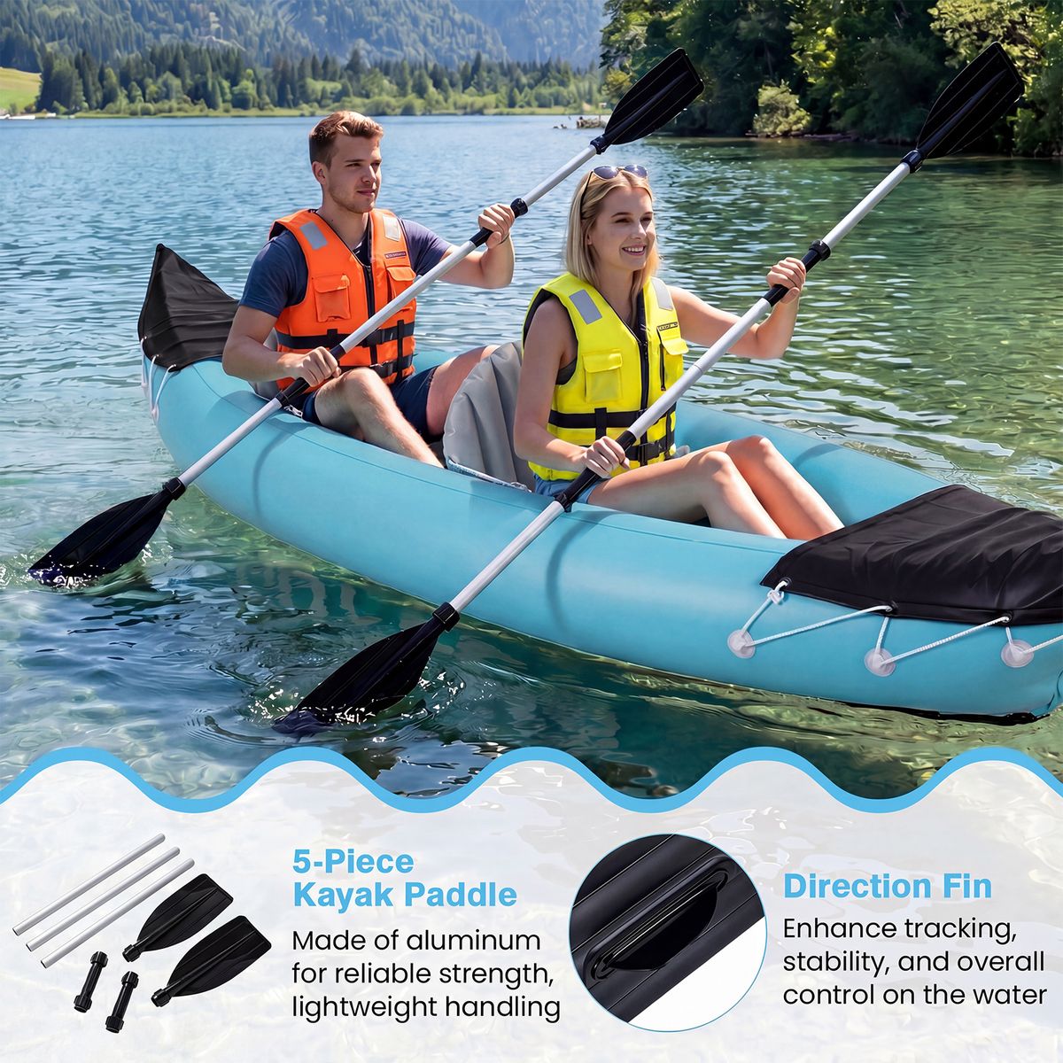 Coast Aufblasbares Kajak-Set für 2 Personen – mit Paddeln und Fußpumpe – Blau – 321 x 92 x 45 cm