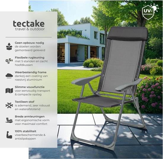 tectake -  4er-Set Gartenstühle mit hoher Rückenlehne - Aluminium - Klappstuhl 5-fach verstellbar mit Armlehnen - Sessel mit Liegefunktion - Gartenmöbel für Terrasse und Camping - Anthrazit