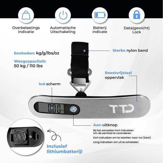 TTD® Gepäckwaage mit Reisetasche- Wägekapazität 50 kg - Gepäckwaage - Hängewaage - Digitale Gepäckwaage - Gepäckwaage - Reisen mit dem Flugzeug - kg/g/lbs/oz - Batterien enthalten - Schwarz