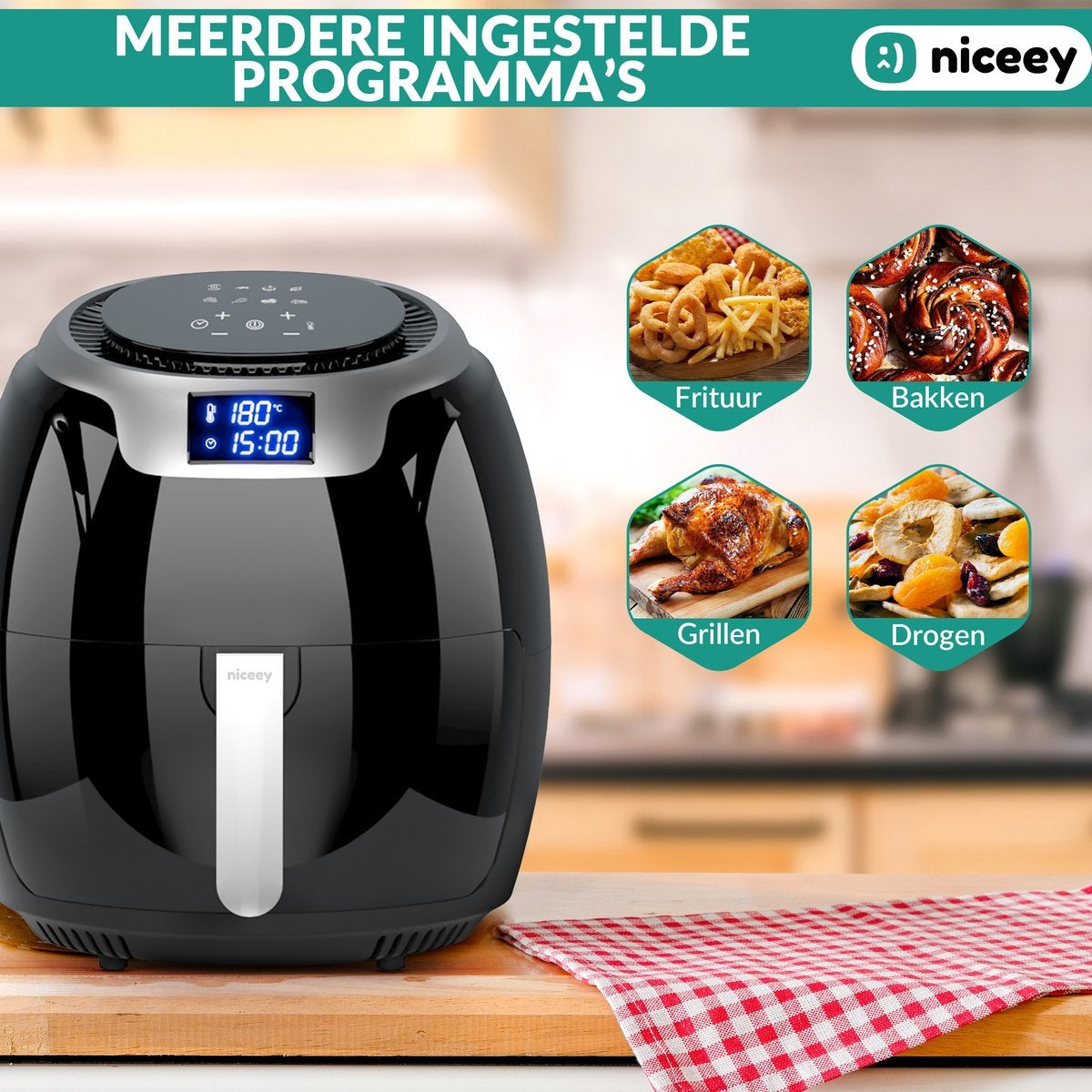 Niceey Airfryer XXL - Heißluftfritteuse - 8L - 1800W - Schwarz