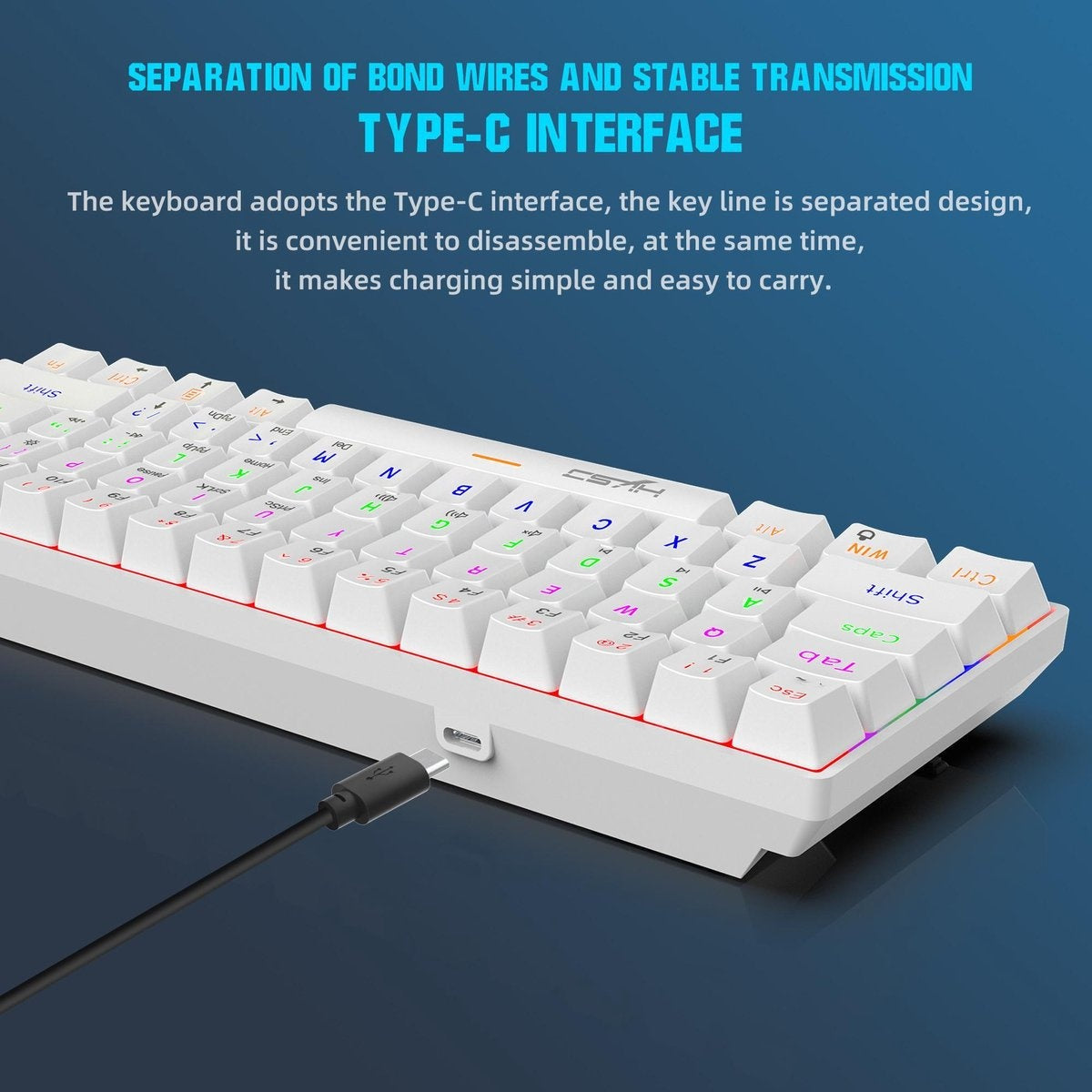 HXSJ V900 - Mechanische Gaming-Tastatur - RGB-Beleuchtung - Ergonomisch - QWERTY - 61 Tasten - blauer Schalter - Weiß