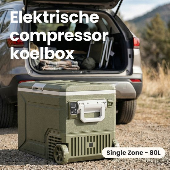 Auronic Elektrische Kühlbox – Kompressor – 80 l – 12 V und 240 Volt – Camping-Kühlschrank – Frigobox für das Auto – mit Rädern und Griff – grün
