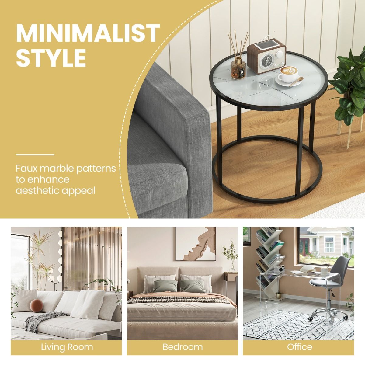 Coast 50 cm Runder Beistelltisch aus Glas mit Platte in Marmoroptik und schwarzem Metallgestell - Modernes Design