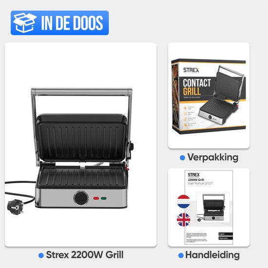 Strex Sandwichgerät XL mit Temperaturregelung - Kontaktgrill groß / Sandwicheisen / Toaster / Grillgerät / Panini Grill - PFAS frei - 2200W