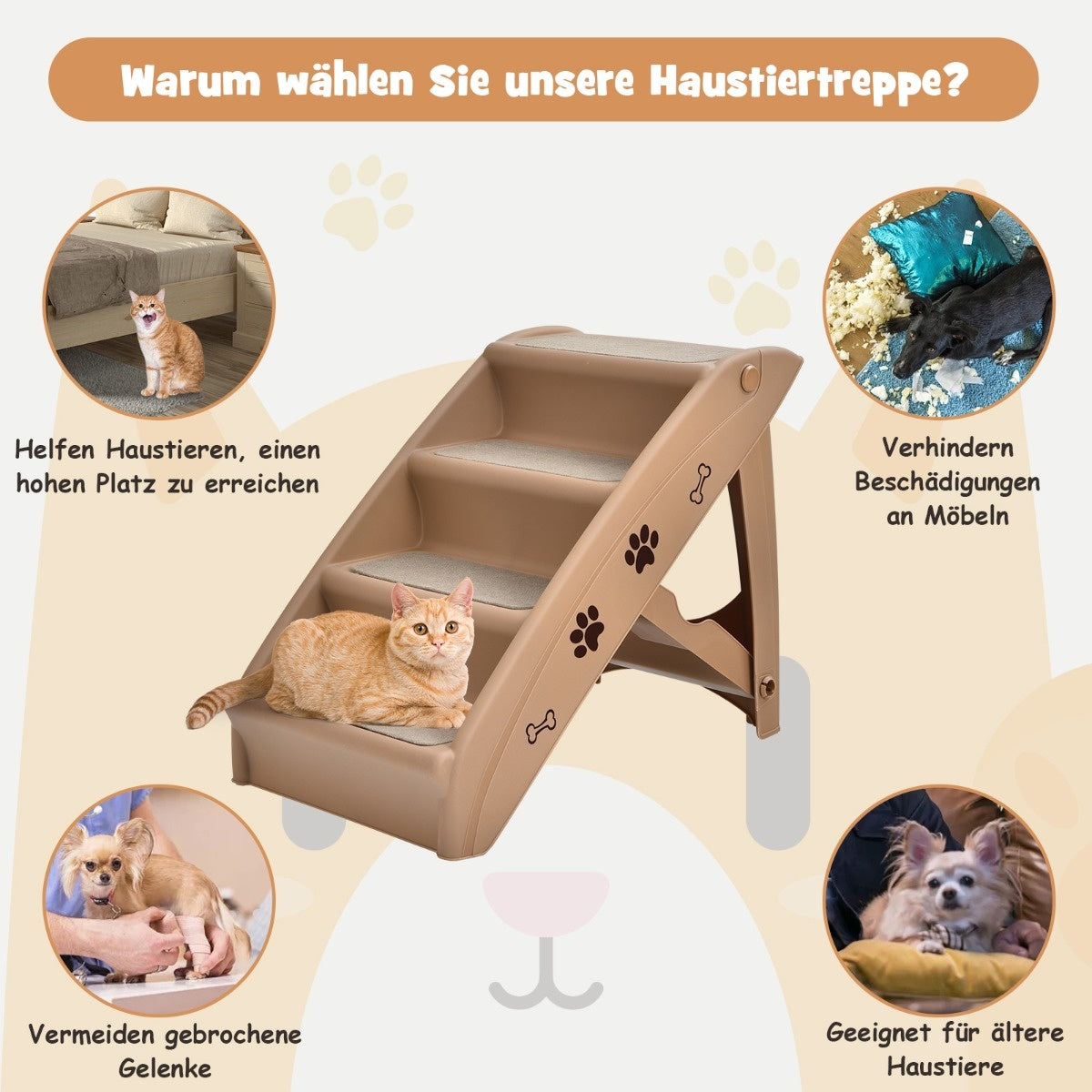 Coast Pet Treppe mit 4 Stufen tragbare Kletterleiter sicher hundert Hang 62,5 x 38 x 49 cm braun