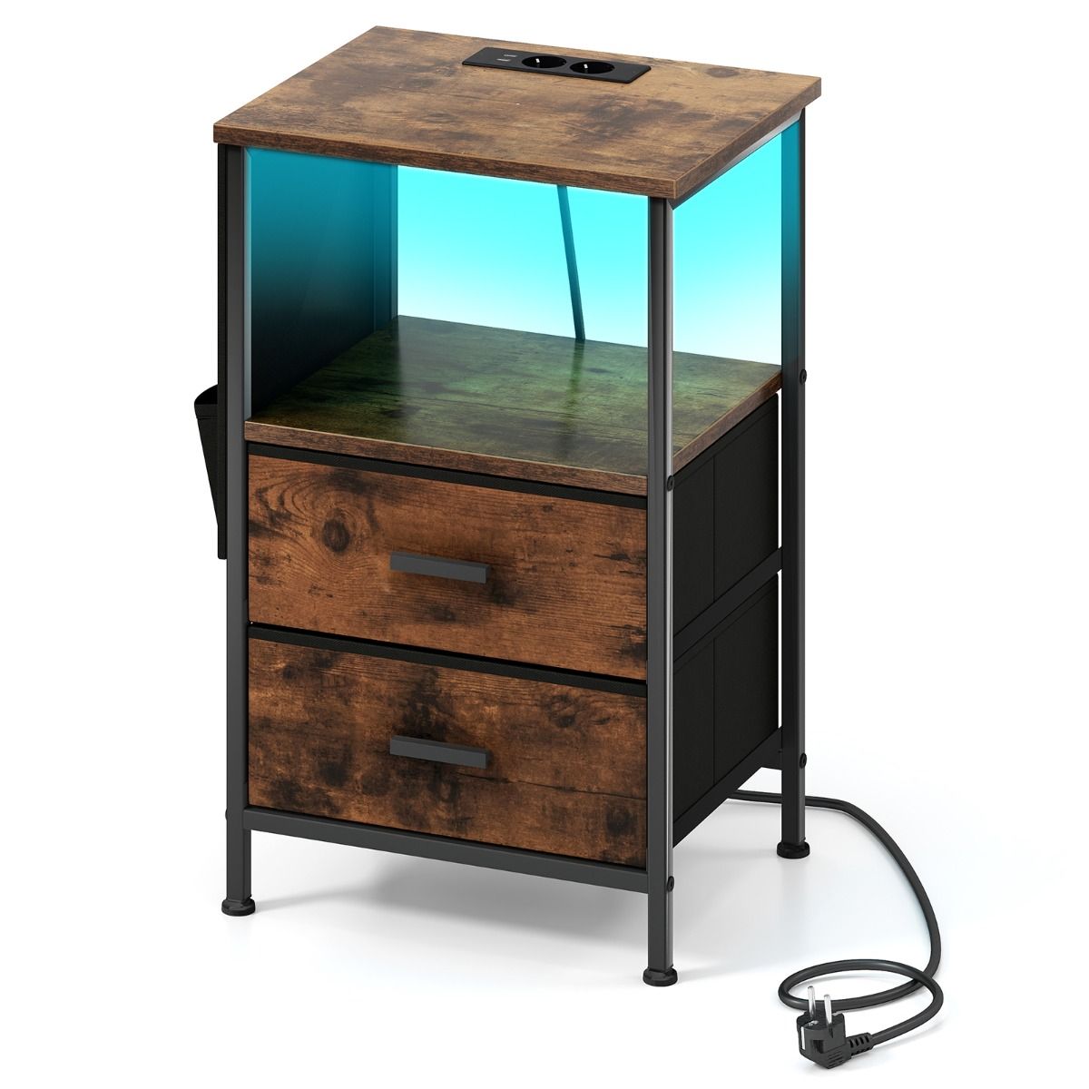 Coast 2-teiliges Beistelltisch-Set – mit Ladestation und LED-Beleuchtung – 2 Stoffschubladen und 6 Seitentaschen – rustikales Braun