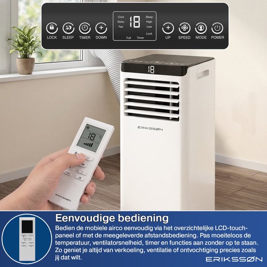 Erikssøn Mobile Klimaanlage – 10.000 BTU – inkl. Fensterdichtungsset – bis zu 30 m² – 4-in-1 – Klimaanlage – Ventilator – Luftentfeuchter – Weiß