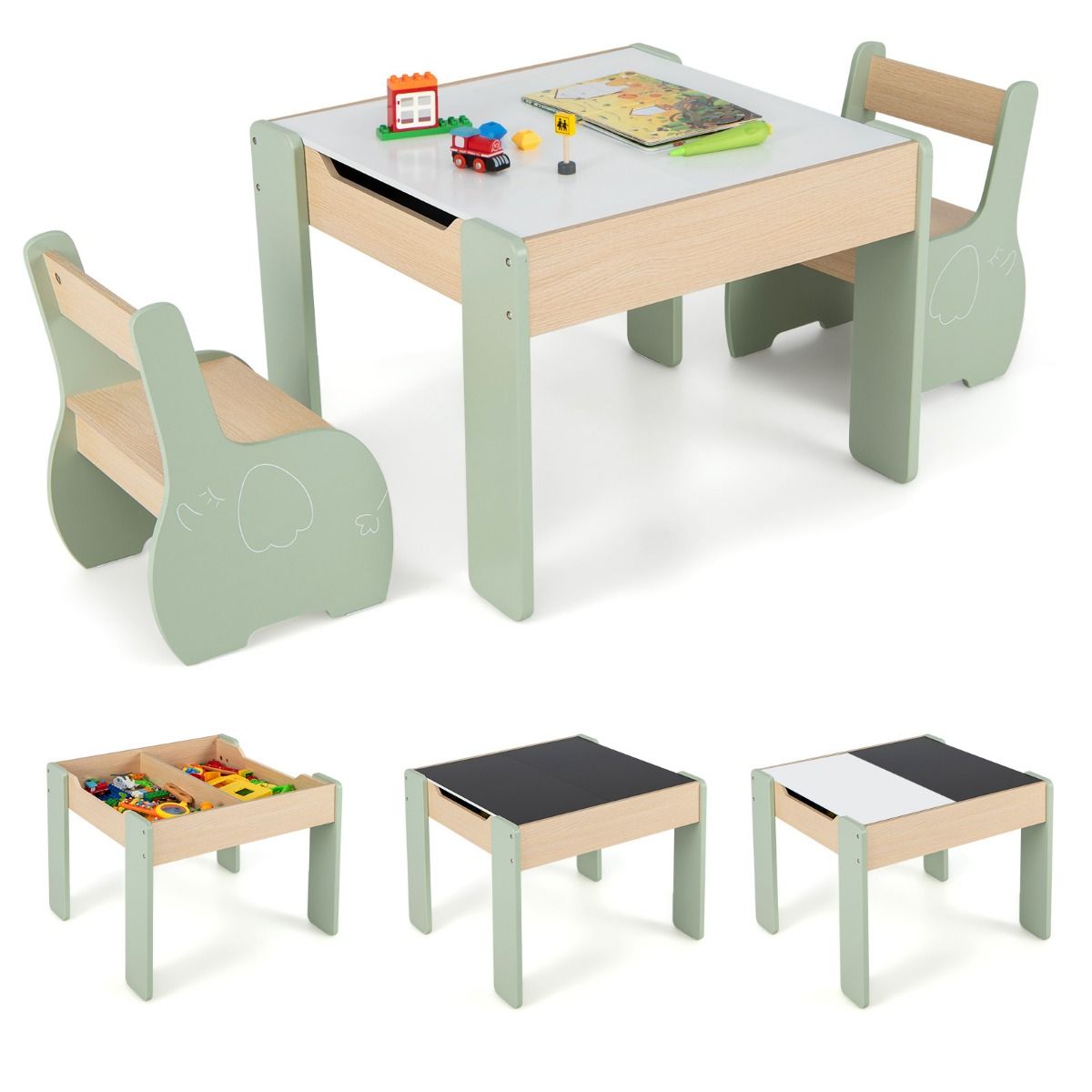 Coast 3-teilige Kindersitzgruppe – 4-in-1-Kindertisch mit 2 Stühlen und Stauraum – grün