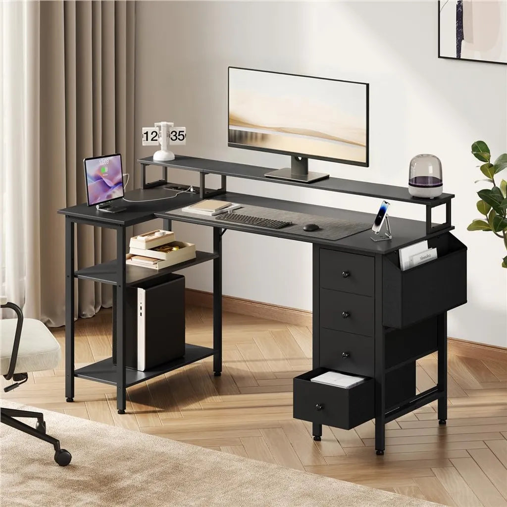 Yaheetech L-förmiger Schreibtisch 140 × 68 × 87 cm - Schwarz - Gaming-Schreibtisch mit Ladestation, Monitorständer und Ablagefläche