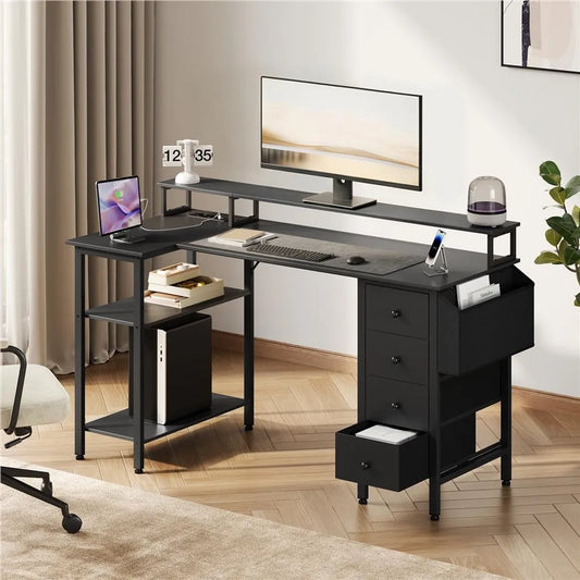 Yaheetech L-förmiger Schreibtisch 140 × 68 × 87 cm - Schwarz - Gaming-Schreibtisch mit Ladestation, Monitorständer und Ablagefläche