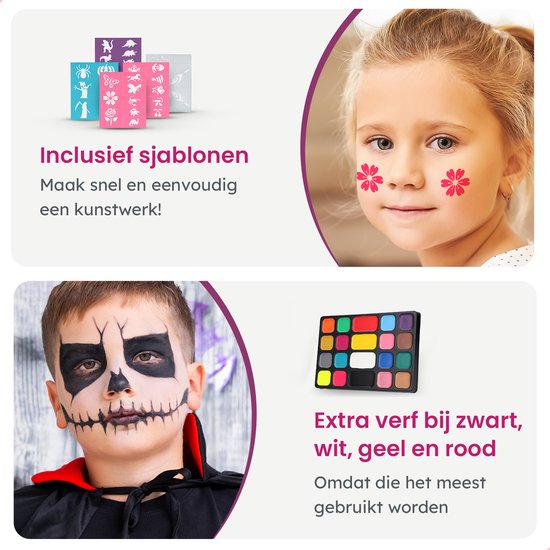 Partizzle Face Paint Set auf Wasserbasis - Gesichtsmalbuch und Schablonenset - Pinsel, Schwämme, Haarkreide, Bio-Glitter - Weihnachten Kinder - 20 Farben