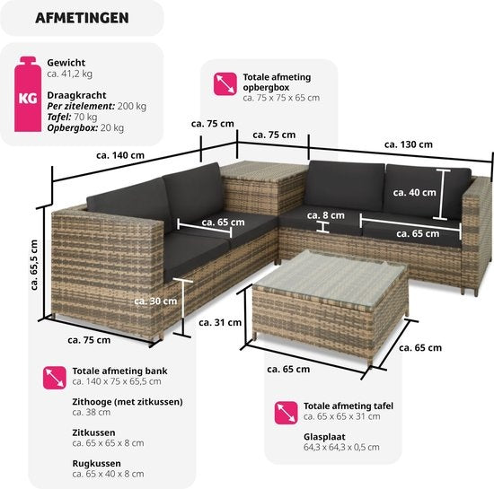 Tectake - Wicker Lounge Set Siena (4 Personen) - Modular, Aufbewahrungsbox, extra dicke Kissen, UV- und wetterbeständig, Stahlrahmen - Natur/Dunkelgrau