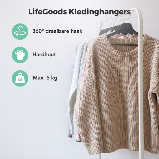 LifeGoods Kleiderbügel - Mit Hosenstange - Hartholz - Schwarz - 30 Stück