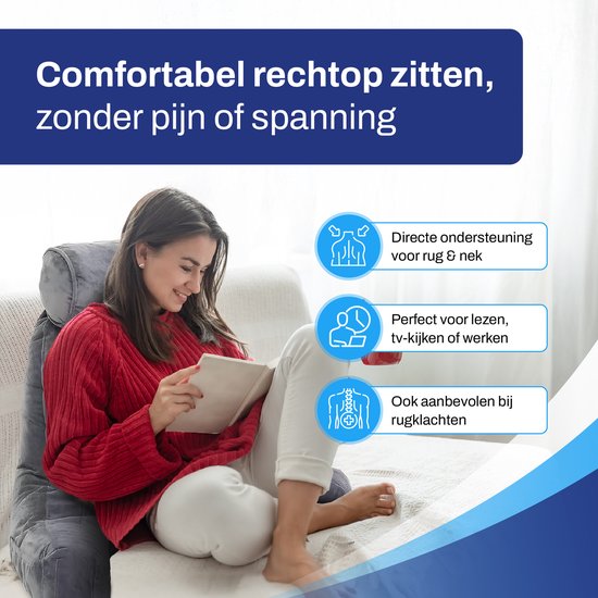 Sleeptight Lesekissen, ergonomisches Rückenkissen – mit abnehmbarem Nackenrollenkissen, praktischem Staufach und formstabiler Schaumstofffüllung – für Bett und Sofa – grauer Stoff – 53 cm lang, 60 cm breit und 40 cm hoch